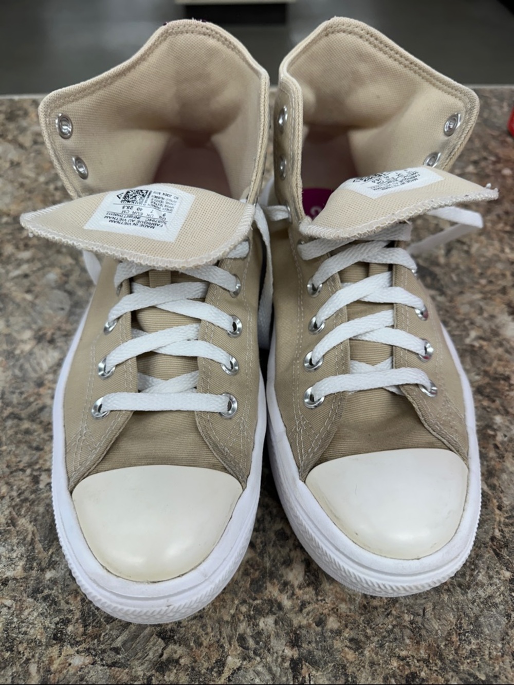Converse Beige High-Top Sneakers with Purple Heel Stripe